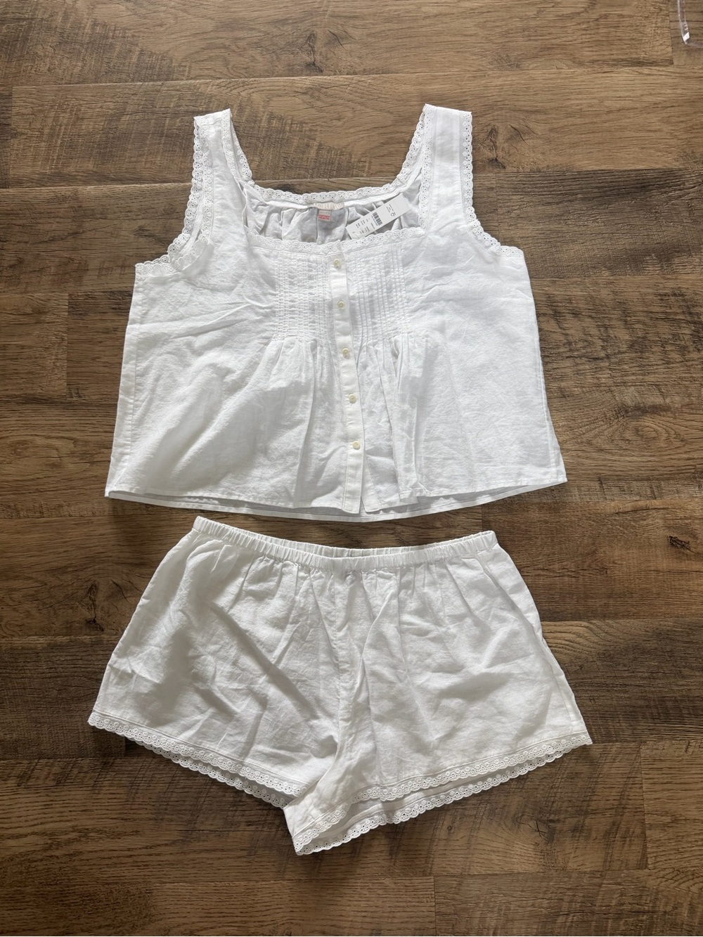 NWT J.Crew Linen Cotton Lace-Trim Pajama Short Set White L CK350